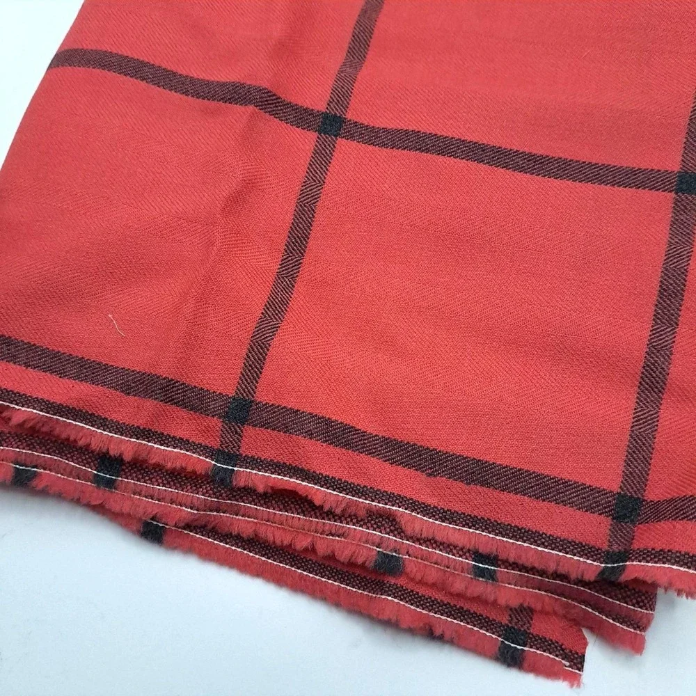 Vintage Fabric 1.47 Yard Red Black Windowpane Herringbone Check Apparel Material